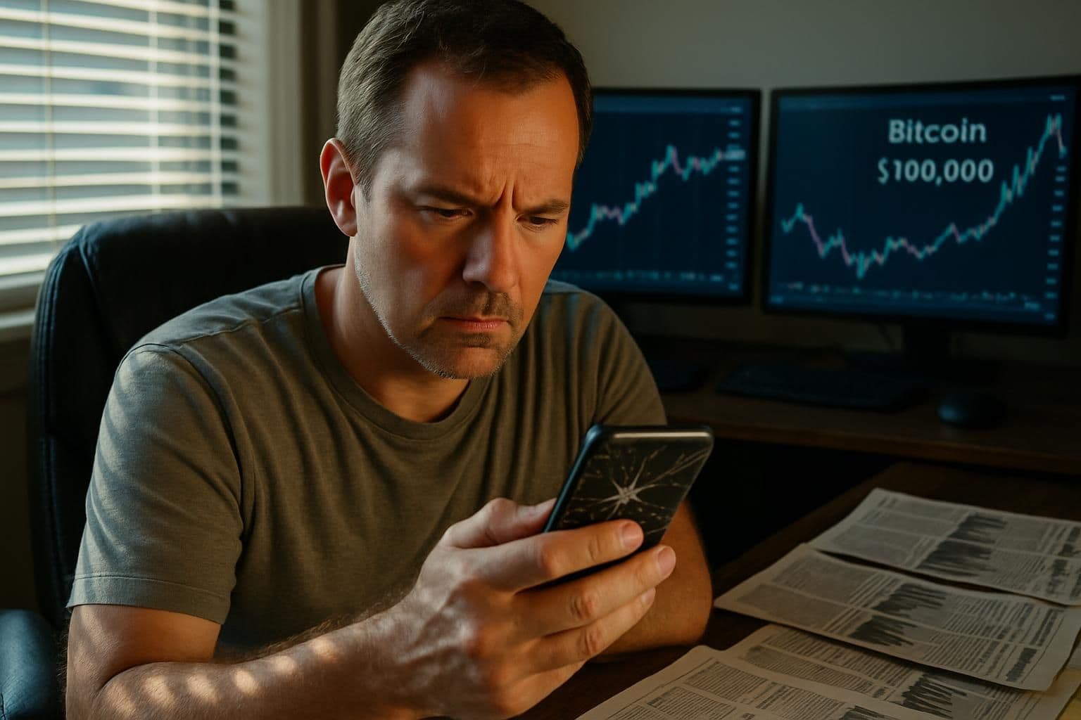 A man sits in a home office, focused on his phone and surrounded by financial newspapers and computer monitors displaying Bitcoin charts. A man sits in a home office, focused on his phone and surrounded by financial newspapers and computer monitors displaying Bitcoin charts.
