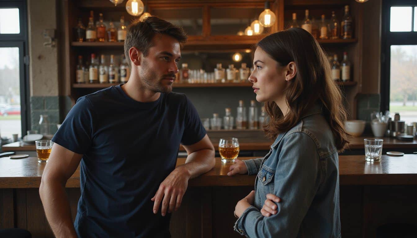 A young man leans casually at a bar, engaged in conversation with a woman holding a glass of whiskey. A young man leans casually at a bar, engaged in conversation with a woman holding a glass of whiskey.