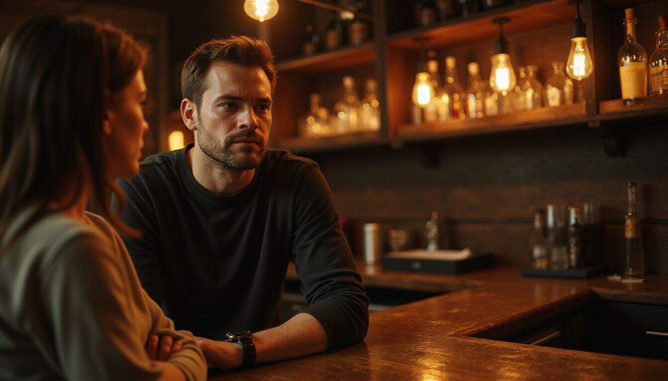 A man displays discomfort after being dismissed by a woman in a dimly lit bar. A man displays discomfort after being dismissed by a woman in a dimly lit bar.