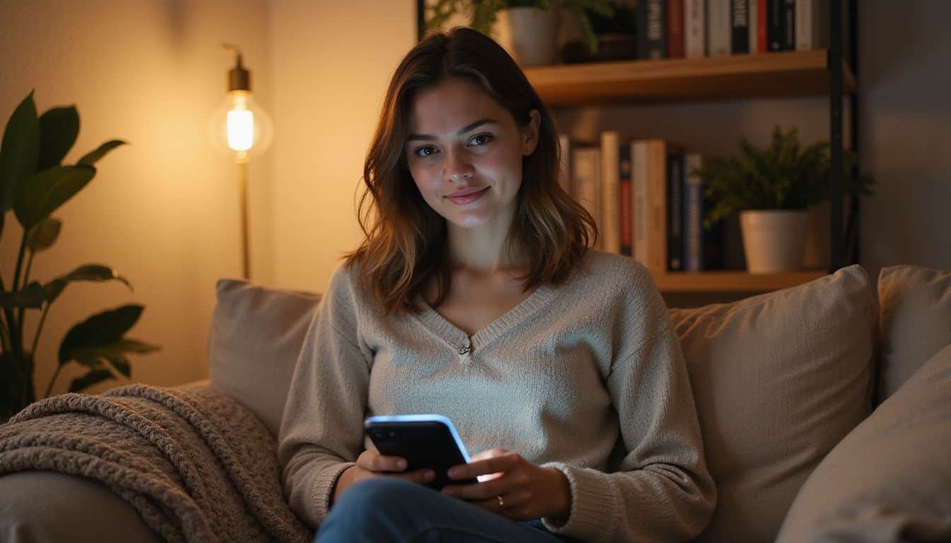 A woman relaxes on a couch, smiling while holding her smartphone, surrounded by books and plants. A woman relaxes on a couch, smiling while holding her smartphone, surrounded by books and plants.