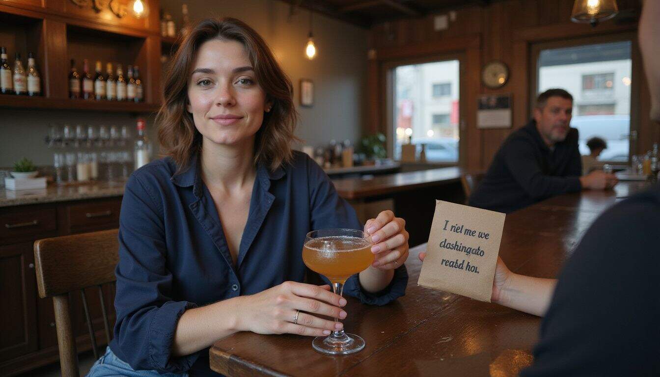 A woman in a navy blouse enjoys a cocktail while playfully engaging with someone off-camera at a bar. A woman in a navy blouse enjoys a cocktail while playfully engaging with someone off-camera at a bar.
