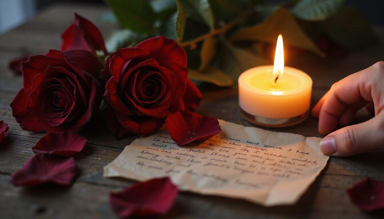 A candle surrounded by rose petals and a love letter creates an intimate, heartfelt atmosphere. A candle surrounded by rose petals and a love letter creates an intimate, heartfelt atmosphere.