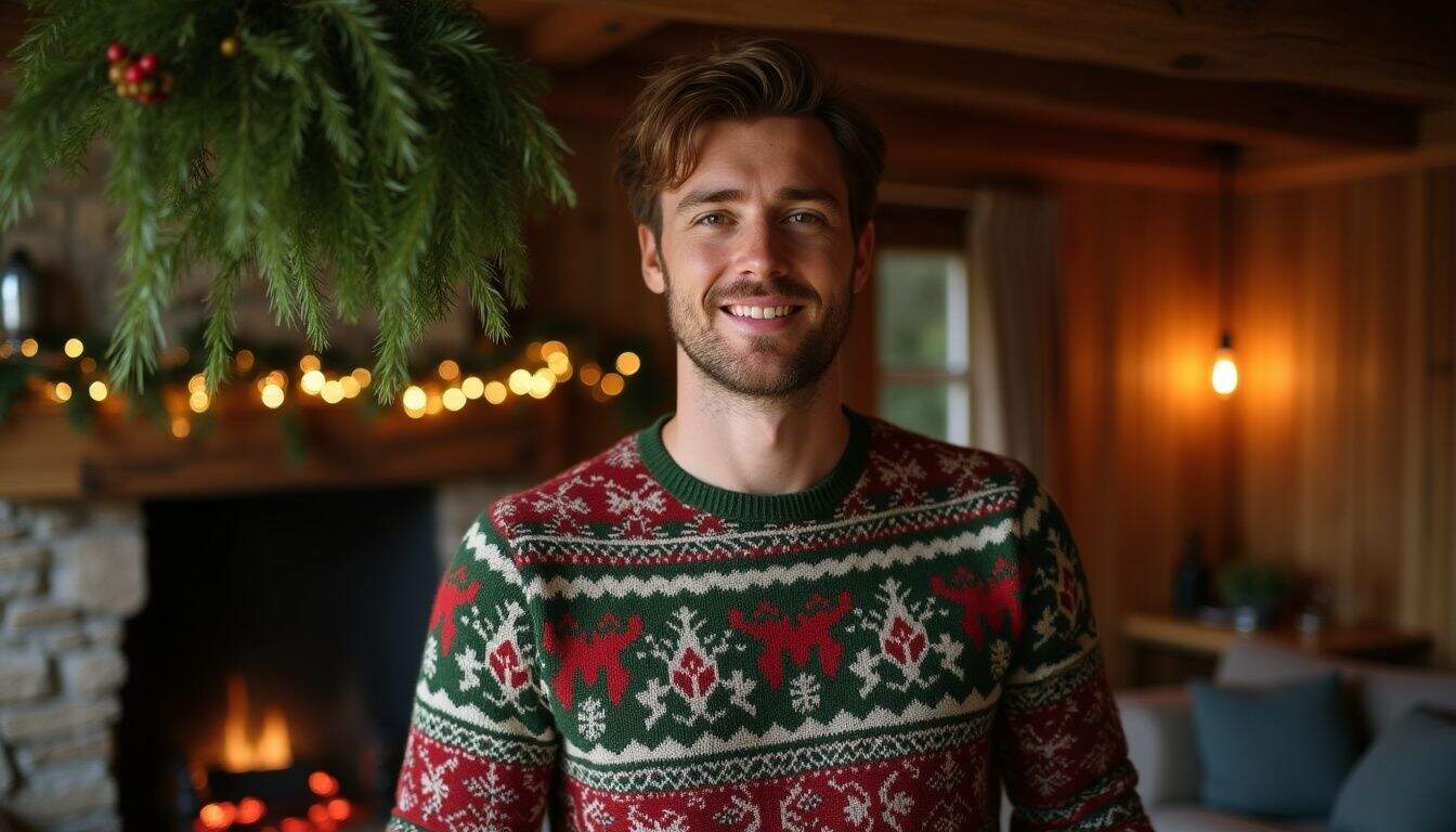A man in a festive sweater stands playfully under mistletoe in a cozy, warmly decorated room. A man in a festive sweater stands playfully under mistletoe in a cozy, warmly decorated room.