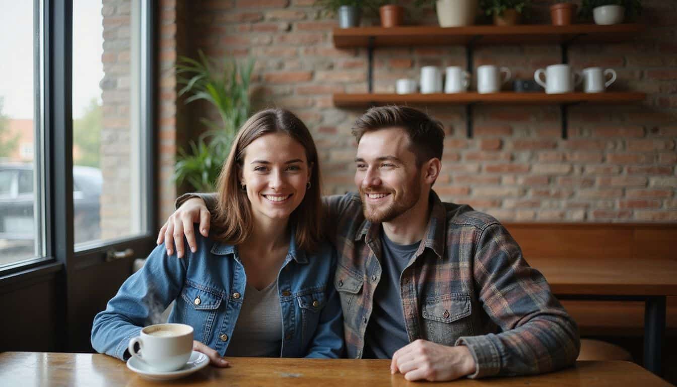 A young man and woman share a warm, laughter-filled moment at a cozy cafe table adorned with plants and mugs. A young man and woman share a warm, laughter-filled moment at a cozy cafe table adorned with plants and mugs.
