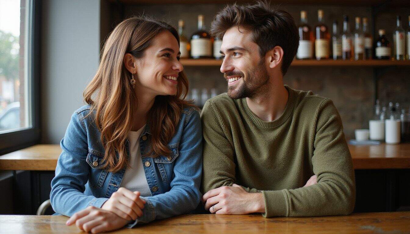 A young couple shares a playful, intimate moment at a wooden bar, smiling and enjoying each other's company. A young couple shares a playful, intimate moment at a wooden bar, smiling and enjoying each other's company.