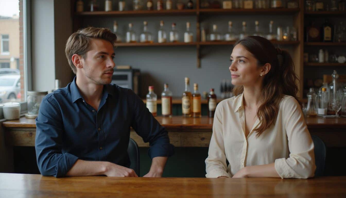 A young man and woman engage in a relaxed, meaningful conversation at a bar, creating a candid and inviting atmosphere. A young man and woman engage in a relaxed, meaningful conversation at a bar, creating a candid and inviting atmosphere.