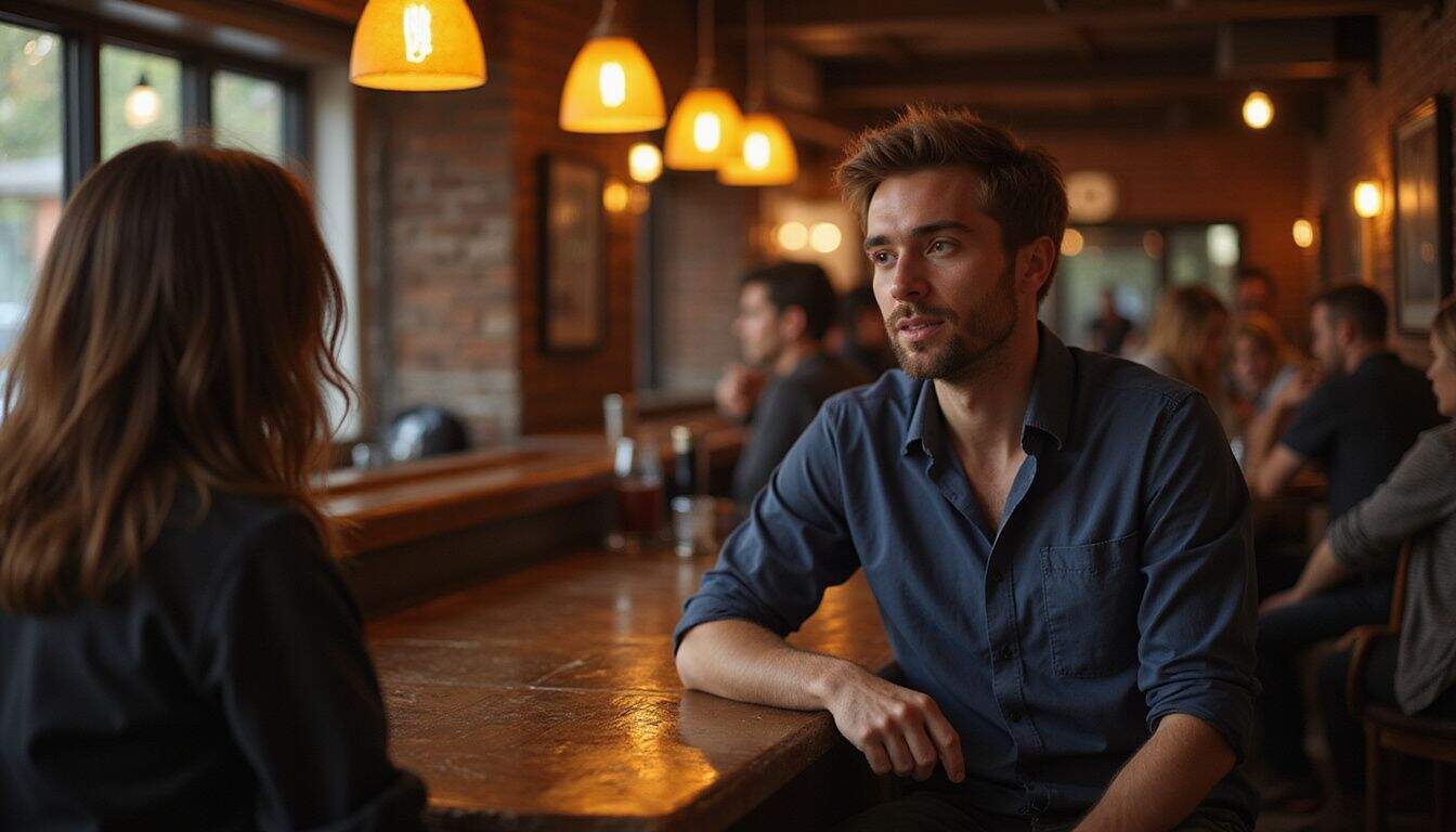 A man engages in conversation at a cozy bar, displaying a relaxed demeanor and confident smile. A man engages in conversation at a cozy bar, displaying a relaxed demeanor and confident smile.