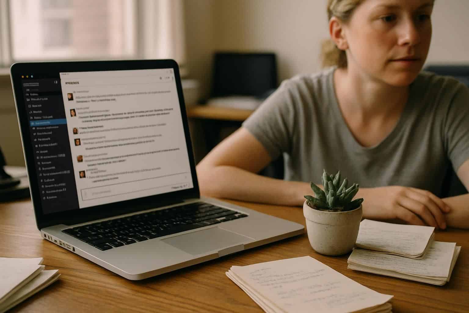 A cluttered office desk features a laptop, succulent, notepads, and a focused individual engaged in work. A cluttered office desk features a laptop, succulent, notepads, and a focused individual engaged in work.