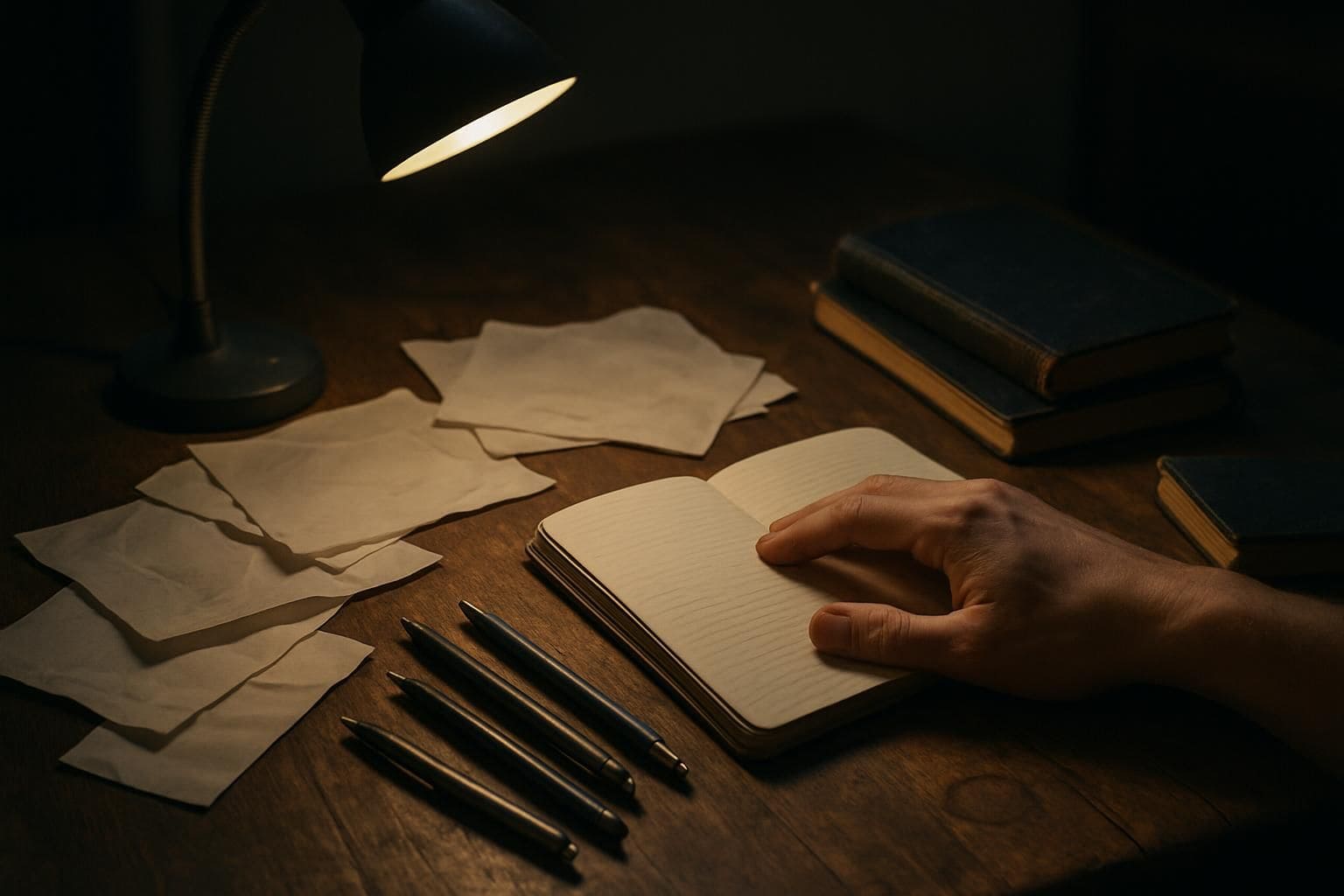 A cluttered wooden desk displays notebooks, papers, and pens, conveying a serene atmosphere of quiet concentration and creativity. A cluttered wooden desk displays notebooks, papers, and pens, conveying a serene atmosphere of quiet concentration and creativity.
