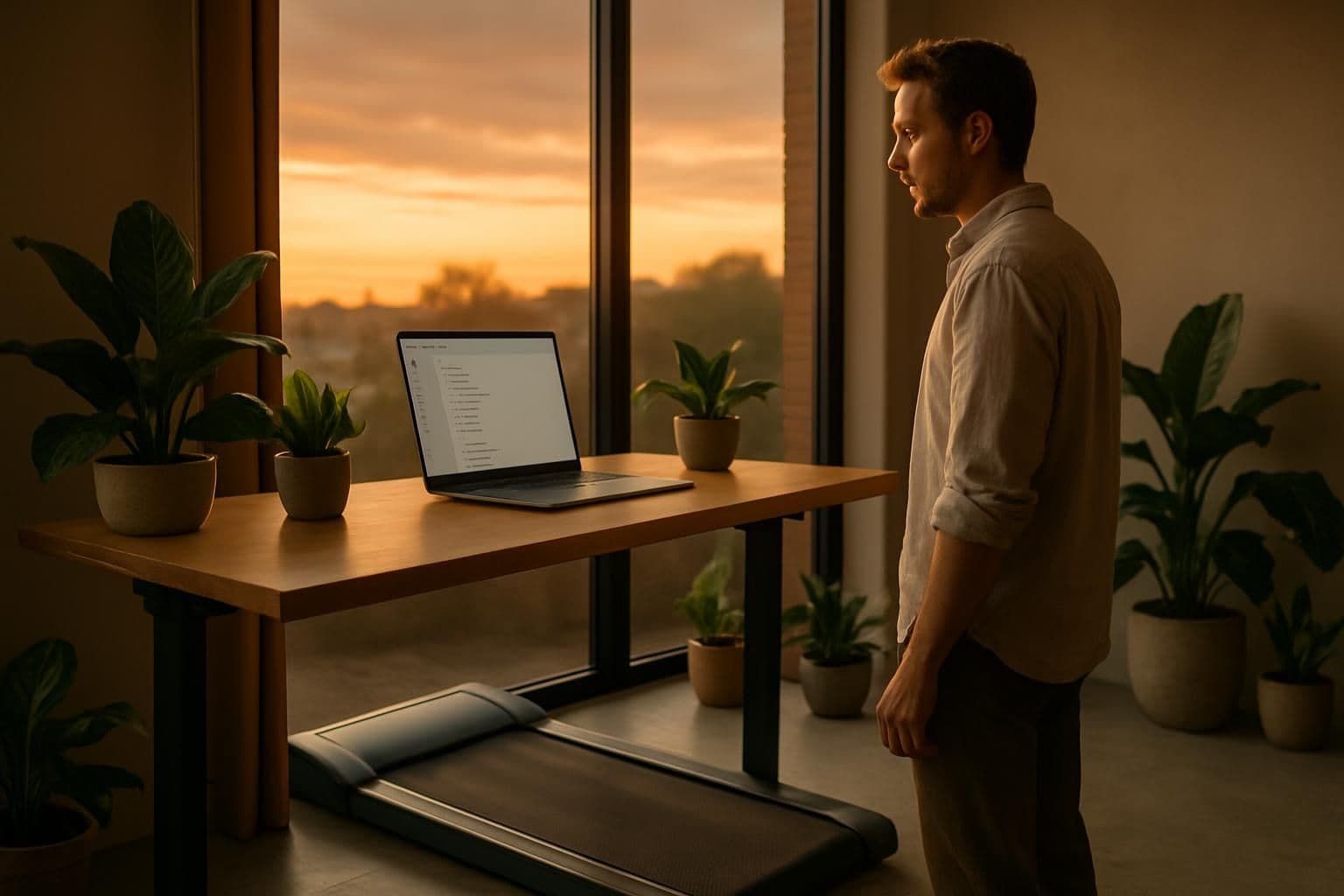 A modern office features a standing desk, treadmill, laptop, and plants, creating a serene and functional workspace. A modern office features a standing desk, treadmill, laptop, and plants, creating a serene and functional workspace.