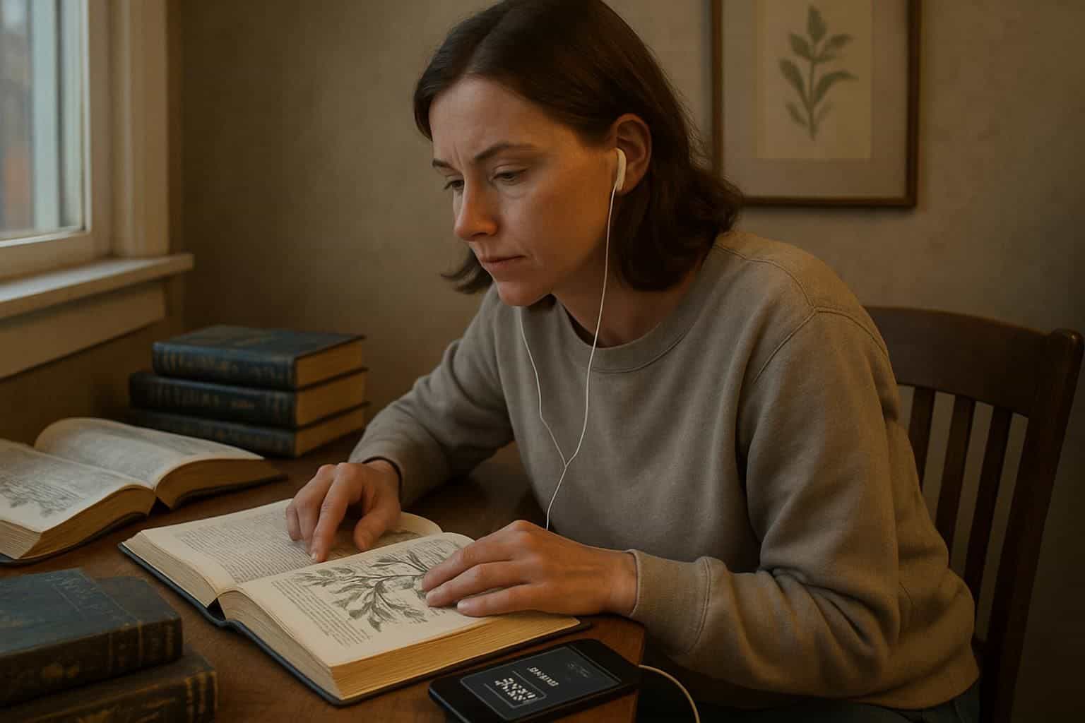 A focused woman studies biology at her home office desk, surrounded by textbooks and fantasy novels, with earbuds in. A focused woman studies biology at her home office desk, surrounded by textbooks and fantasy novels, with earbuds in.