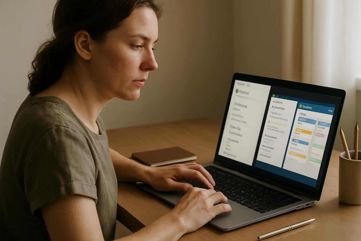 A focused woman at a minimalist desk works on her laptop, surrounded by organized office supplies. A focused woman at a minimalist desk works on her laptop, surrounded by organized office supplies.