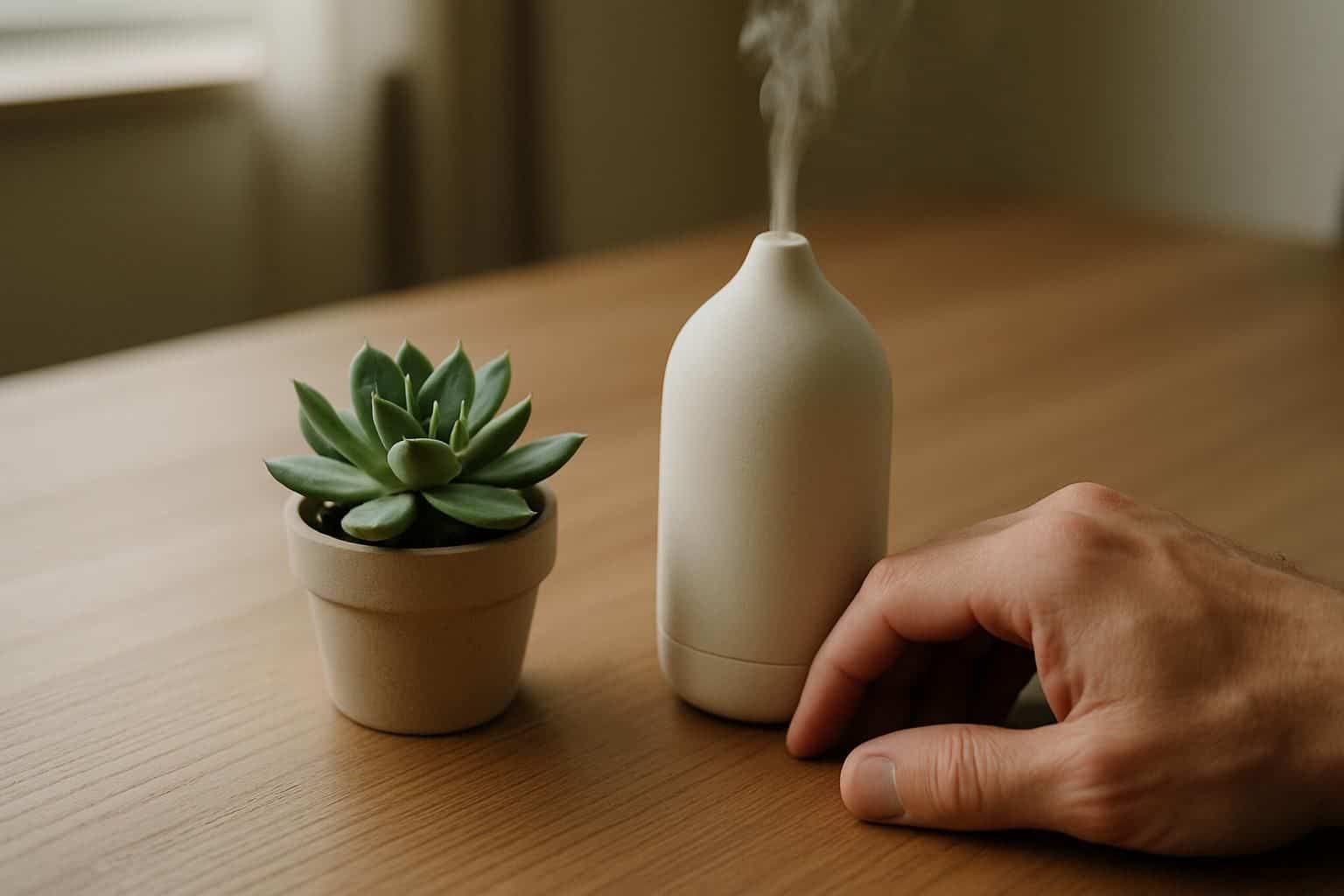 A minimalistic office desk features a succulent, an essential oil diffuser, and a relaxed hand, creating a serene atmosphere. A minimalistic office desk features a succulent, an essential oil diffuser, and a relaxed hand, creating a serene atmosphere.