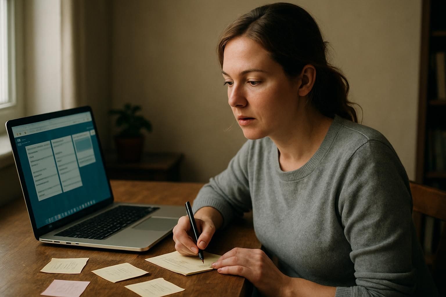 A woman in a cozy workspace focuses on her laptop, surrounded by sticky notes and books. A woman in a cozy workspace focuses on her laptop, surrounded by sticky notes and books.
