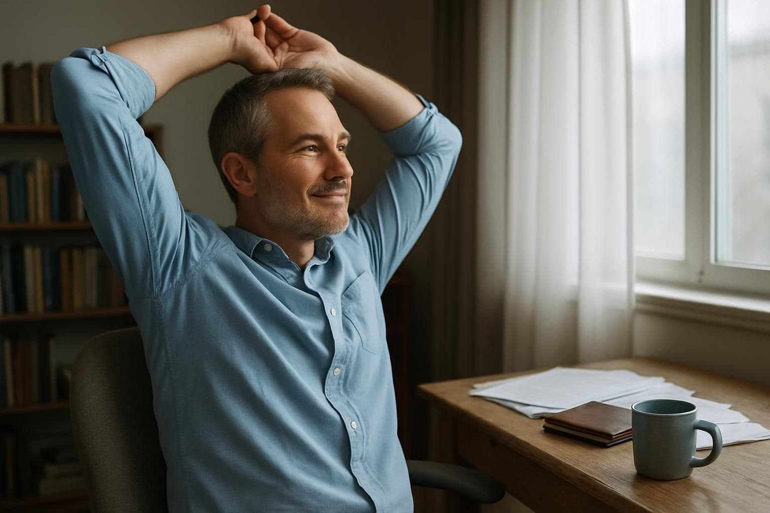 A middle-aged man relaxes in his cluttered home office, stretching with a serene smile amidst a tranquil atmosphere. A middle-aged man relaxes in his cluttered home office, stretching with a serene smile amidst a tranquil atmosphere.