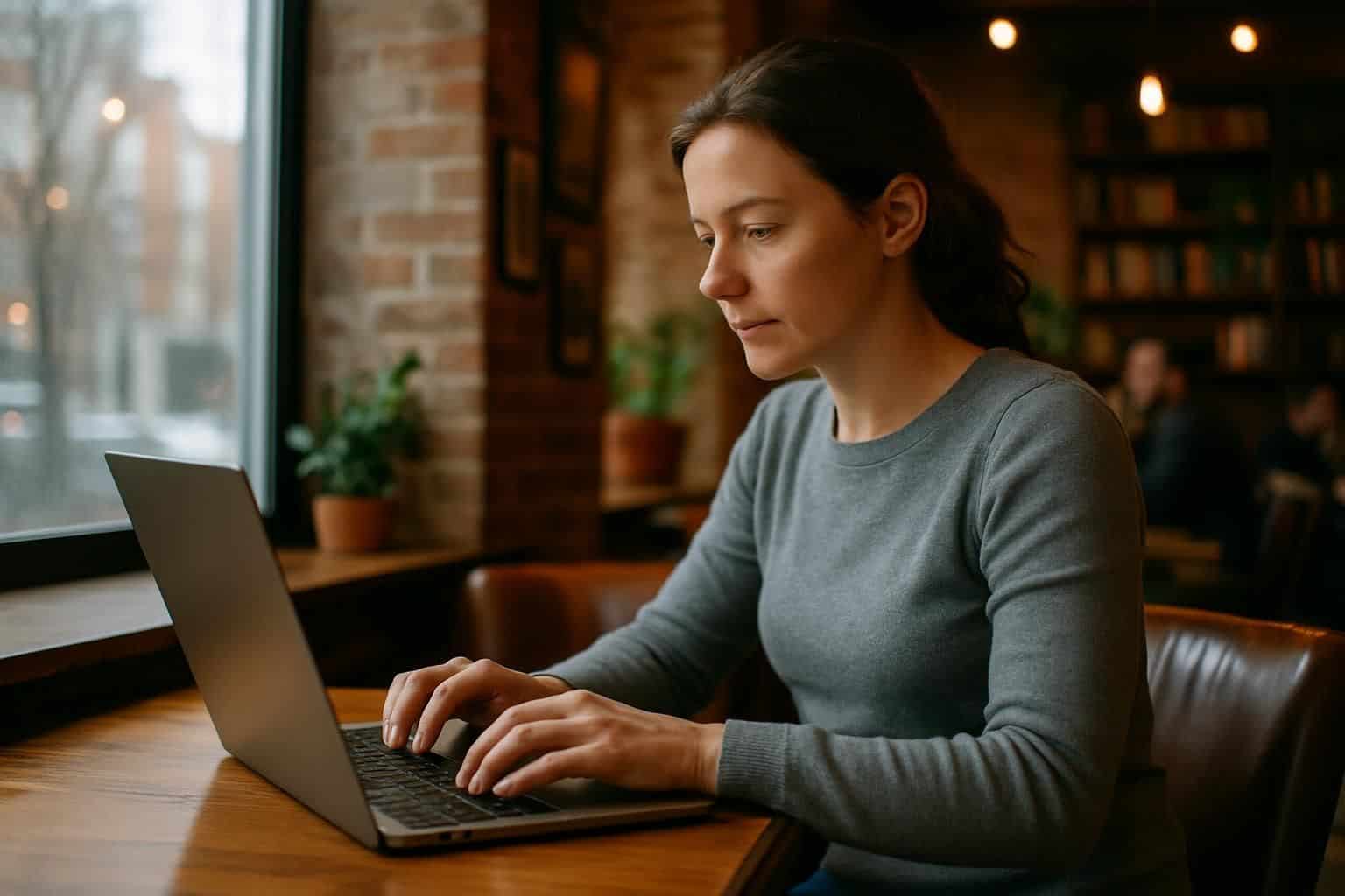 A woman in a cozy coffee shop works on her laptop, surrounded by vintage decor and fellow patrons. A woman in a cozy coffee shop works on her laptop, surrounded by vintage decor and fellow patrons.