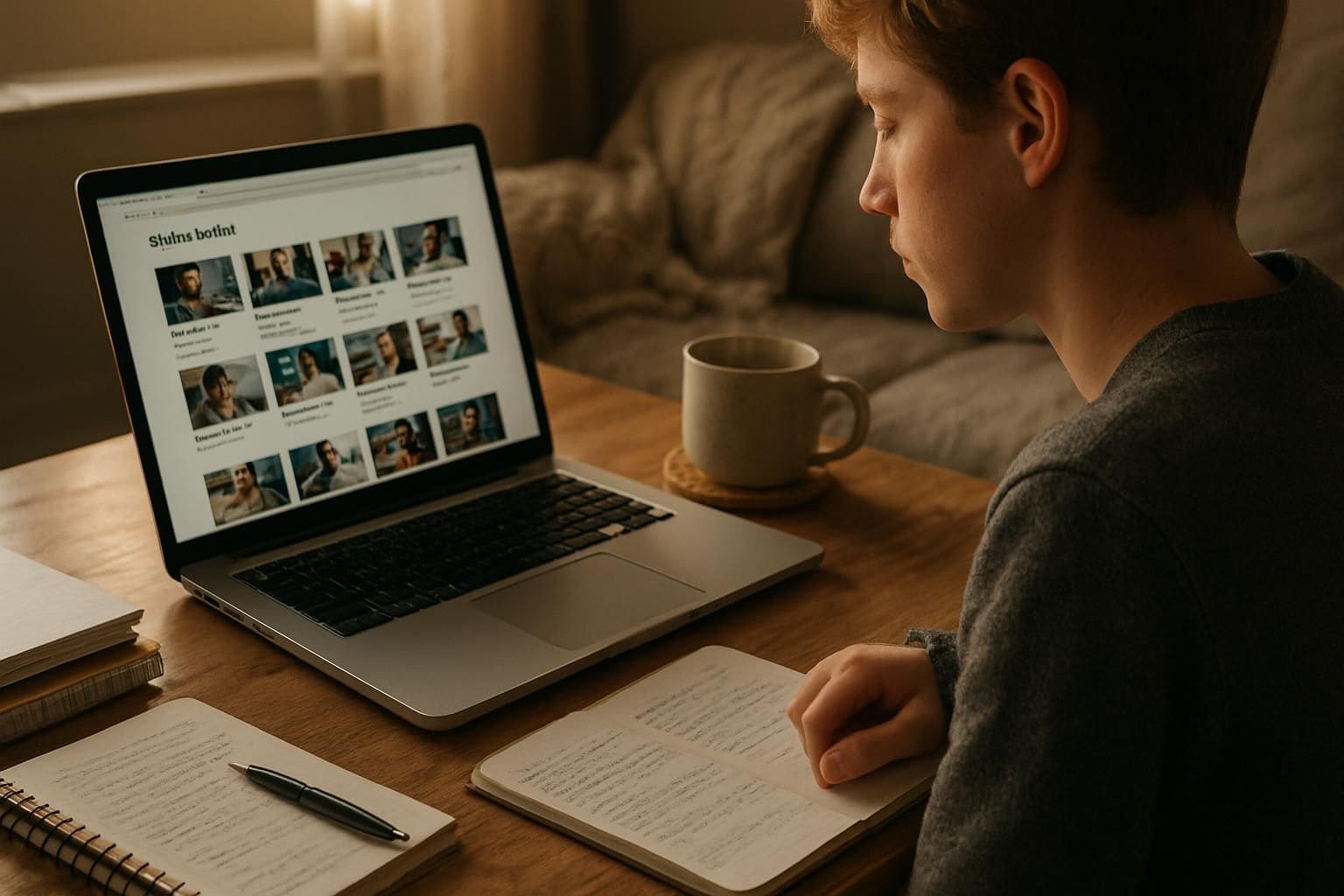 A young individual is engaged in online learning at a wooden desk surrounded by study materials and a steaming coffee mug. A young individual is engaged in online learning at a wooden desk surrounded by study materials and a steaming coffee mug.