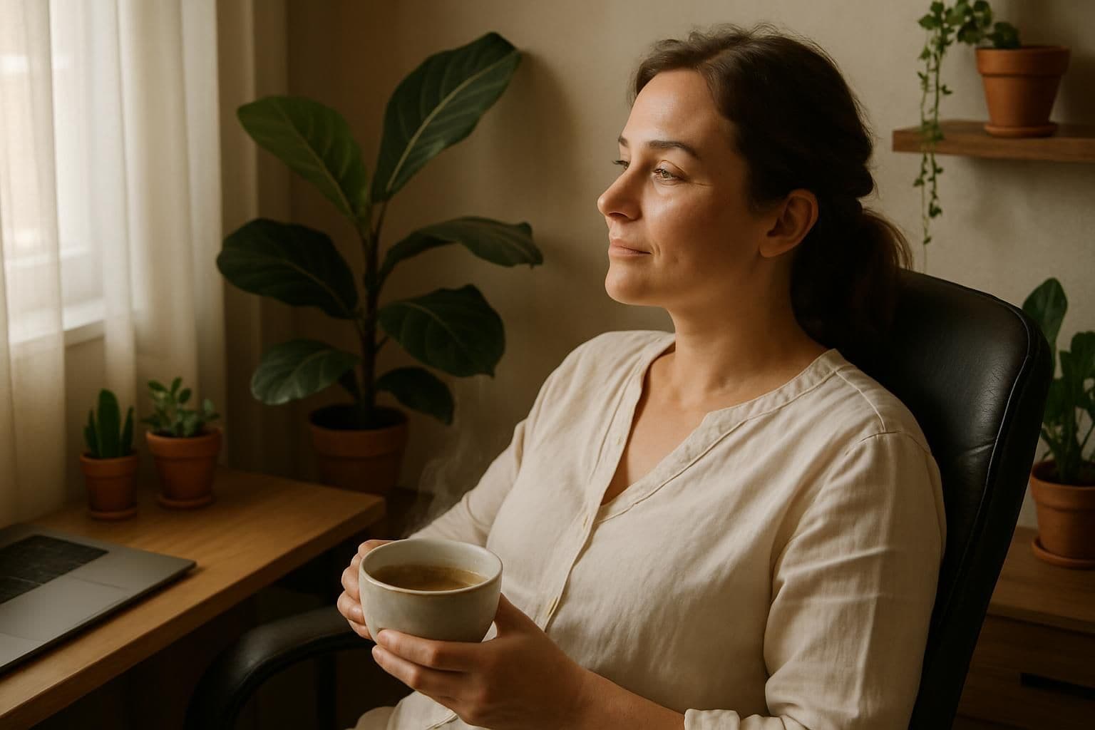 A woman in a cozy home office enjoys tea while surrounded by plants, exuding a calm and contemplative demeanor. A woman in a cozy home office enjoys tea while surrounded by plants, exuding a calm and contemplative demeanor.