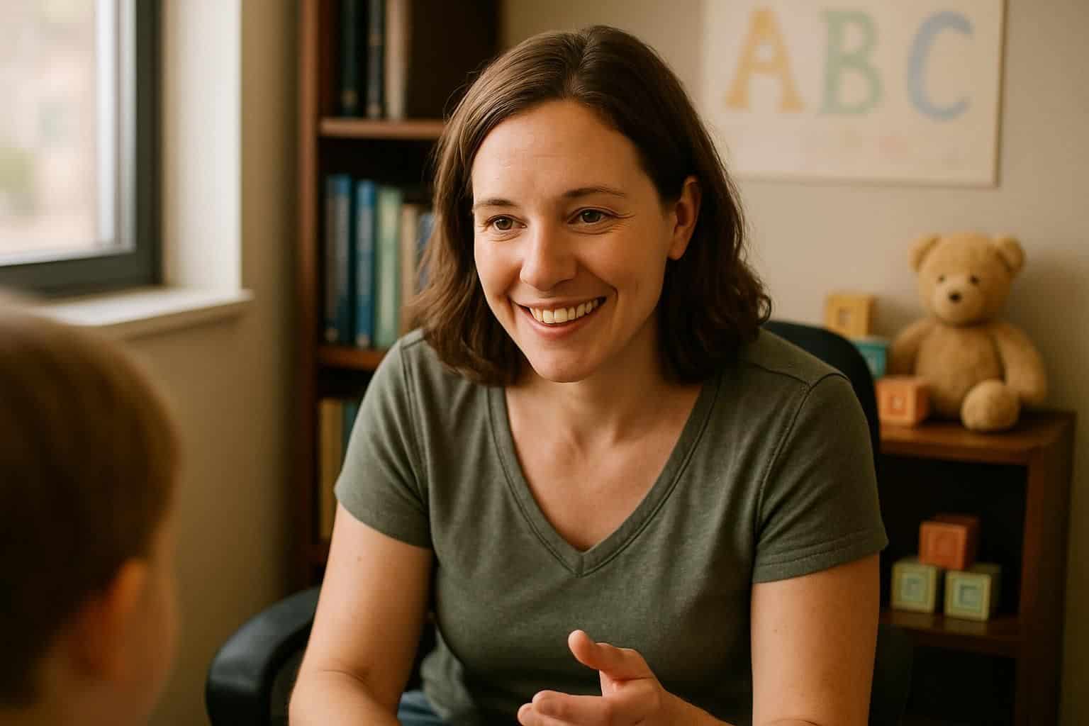 A therapist sits in a cozy office, offering a warm and professional environment for a therapy session with a young child. A therapist sits in a cozy office, offering a warm and professional environment for a therapy session with a young child.