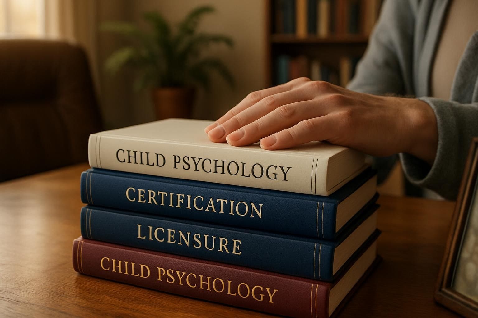 A neat stack of child psychology books on a wooden desk in a cozy home office. A neat stack of child psychology books on a wooden desk in a cozy home office.