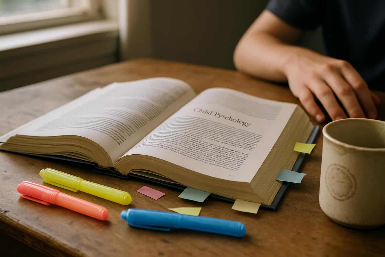 An open child psychology textbook on a well-worn desk with highlighters and sticky notes. An open child psychology textbook on a well-worn desk with highlighters and sticky notes.