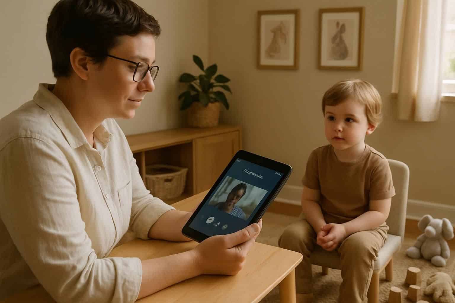 A child psychologist conducts a telehealth session with a preschool-aged child in a warmly furnished home office. A child psychologist conducts a telehealth session with a preschool-aged child in a warmly furnished home office.