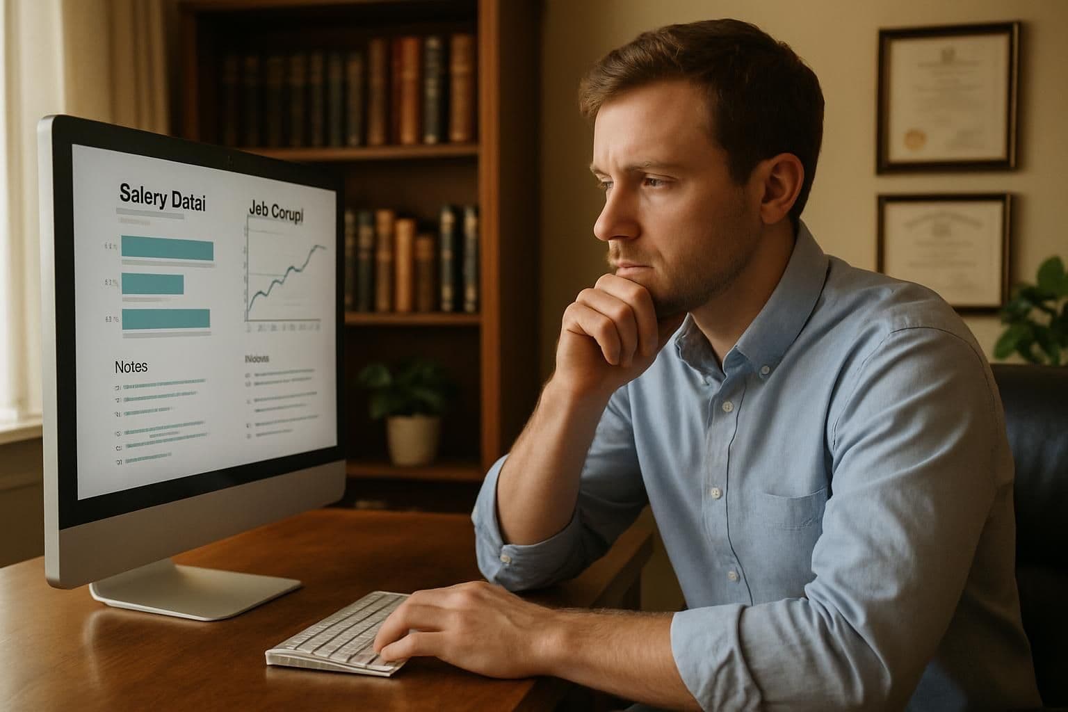 A male child psychologist in his 30s, studying salary data and job growth on a computer in his office. A male child psychologist in his 30s, studying salary data and job growth on a computer in his office.