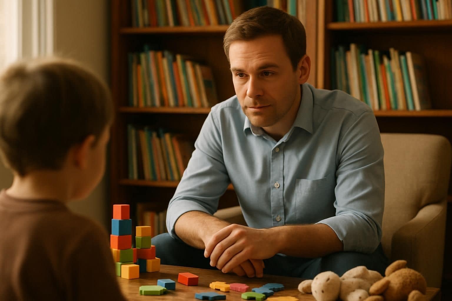 A child psychologist engages a young client in a warm, inviting office space. A child psychologist engages a young client in a warm, inviting office space.