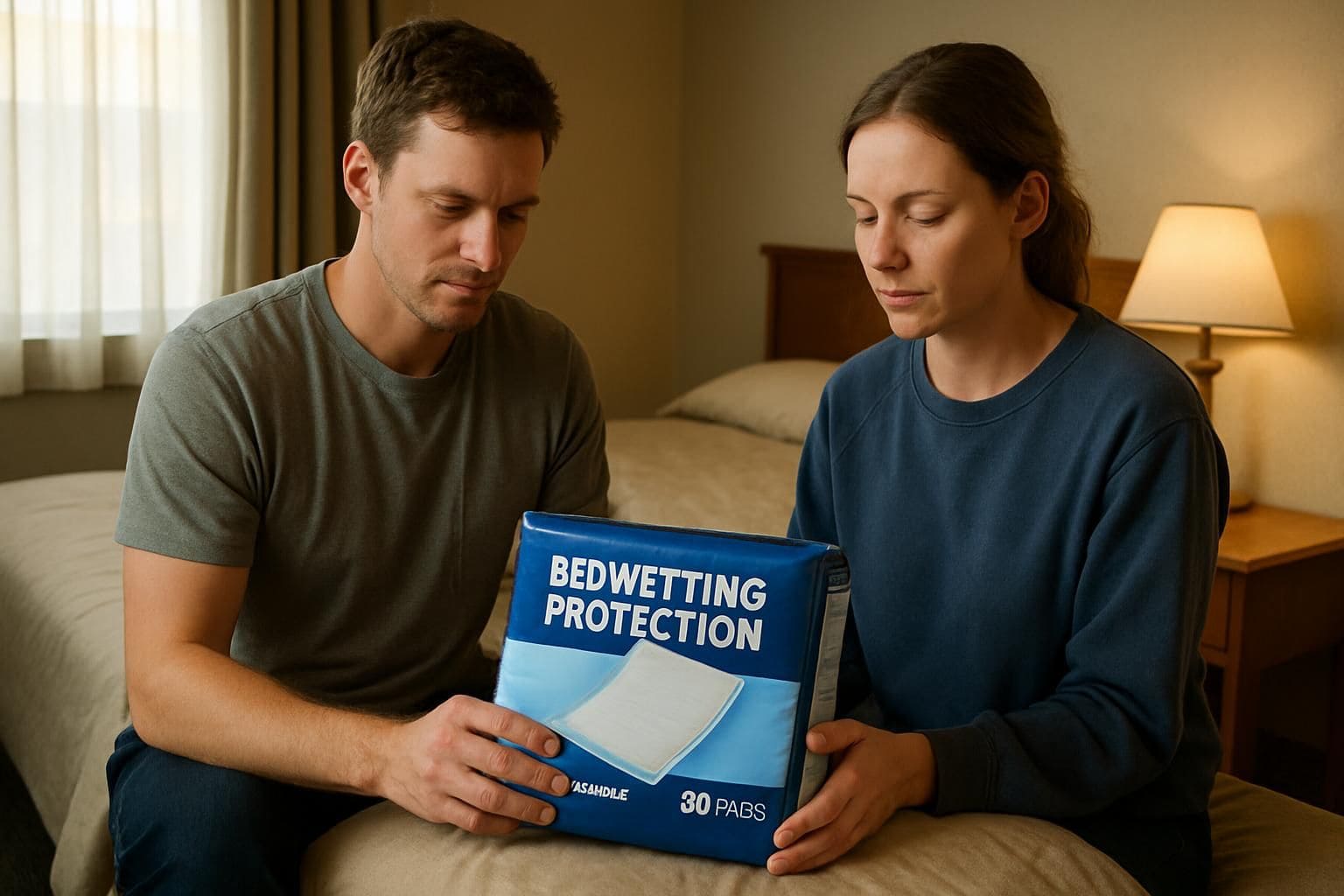 A couple unpacks bedwetting protection in a hotel room with calm, focused expressions. A couple unpacks bedwetting protection in a hotel room with calm, focused expressions.