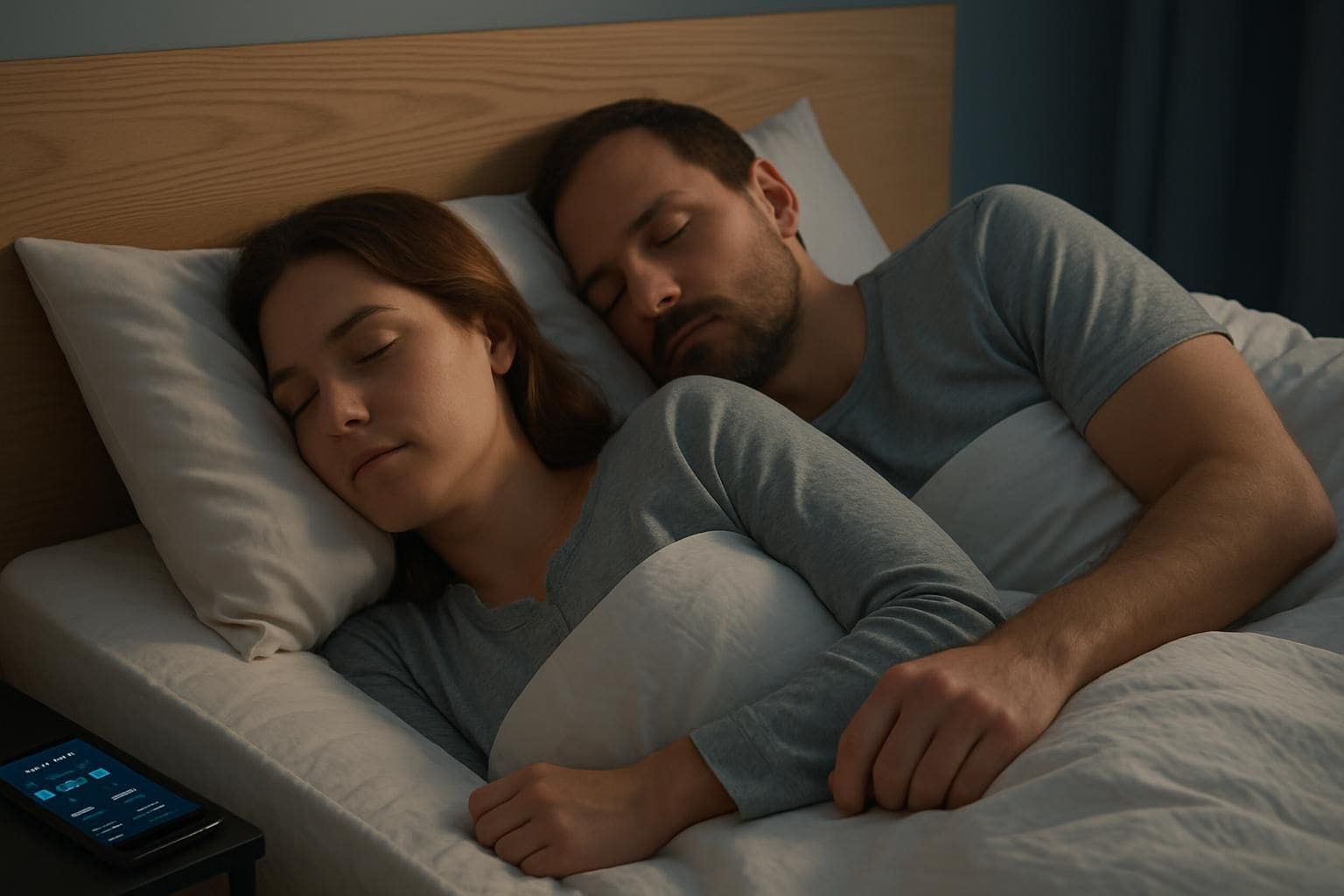 A couple in their 30s peacefully sleep side by side on a modern bed. A couple in their 30s peacefully sleep side by side on a modern bed.