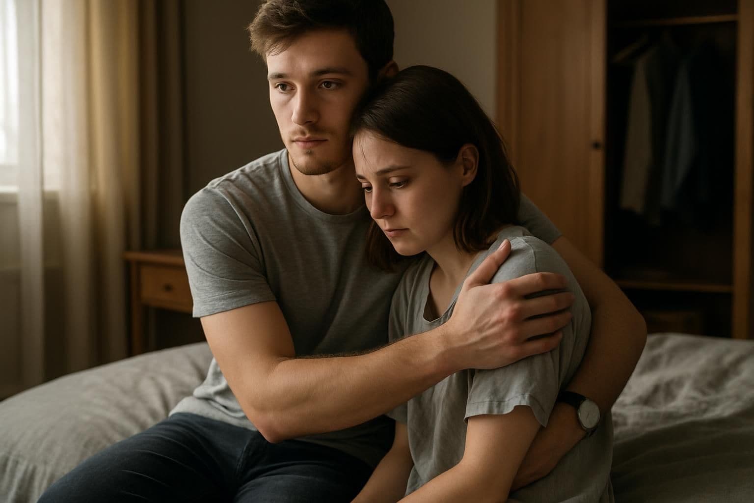 A young man gently comforts his distressed girlfriend in a softly lit, lived-in bedroom. A young man gently comforts his distressed girlfriend in a softly lit, lived-in bedroom.
