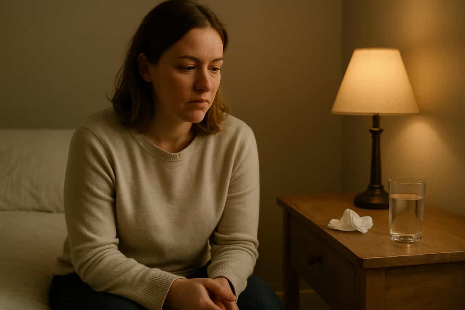 A woman in her 30s sits on a neatly made bed, lost in thought. A woman in her 30s sits on a neatly made bed, lost in thought.