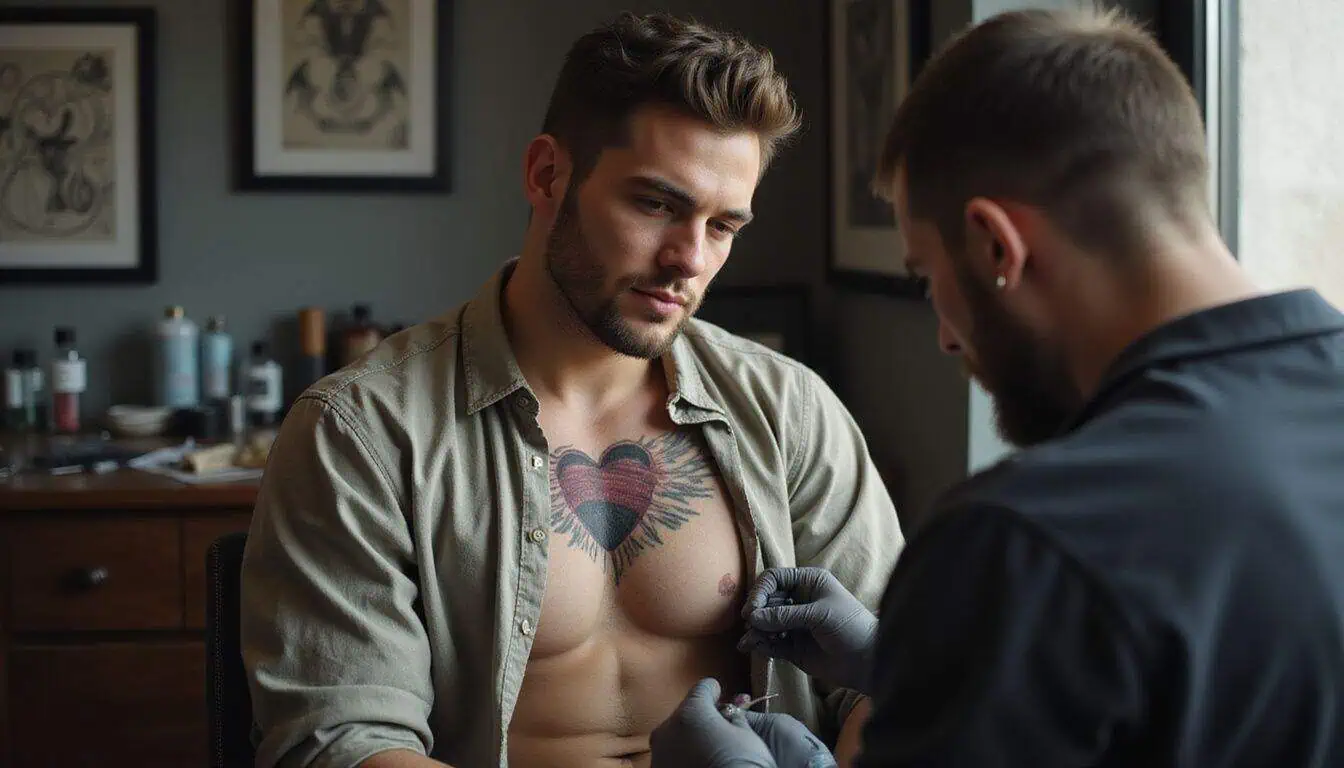 A man getting a detailed broken heart tattoo on his upper chest in a tattoo parlor. A man getting a detailed broken heart tattoo on his upper chest in a tattoo parlor.