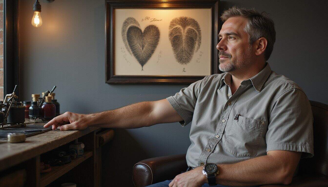 A man in a tattoo parlor admires an intricately framed fingerprint heart tattoo design. A man in a tattoo parlor admires an intricately framed fingerprint heart tattoo design.