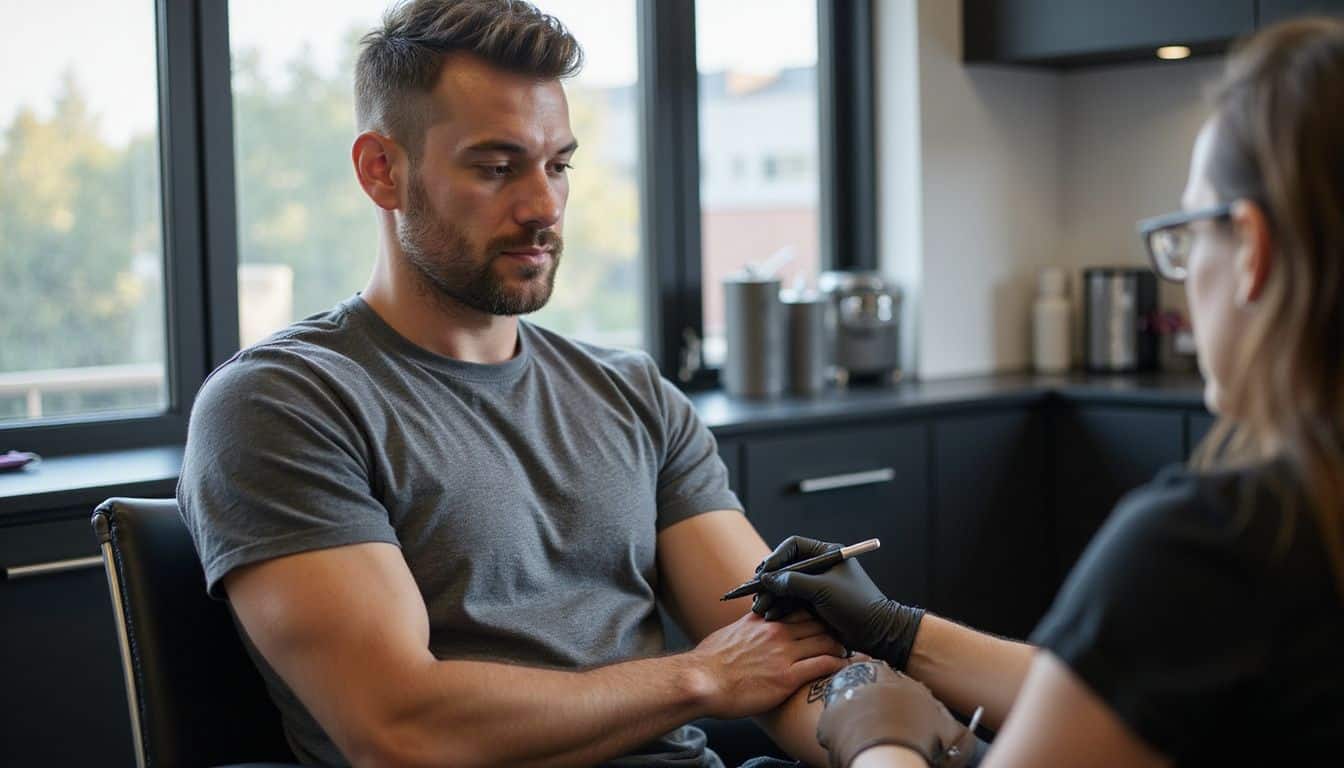 A man gets a new Celtic heart tattoo in a modern, minimalist studio. A man gets a new Celtic heart tattoo in a modern, minimalist studio.