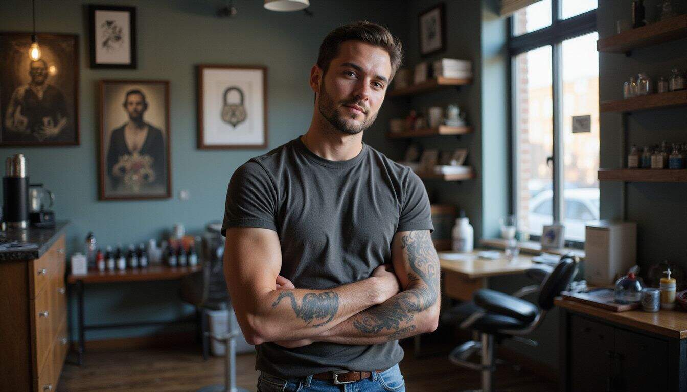 A man in his 30s proudly shows off his newly inked lock and heart tattoos in a tattoo parlor. A man in his 30s proudly shows off his newly inked lock and heart tattoos in a tattoo parlor.