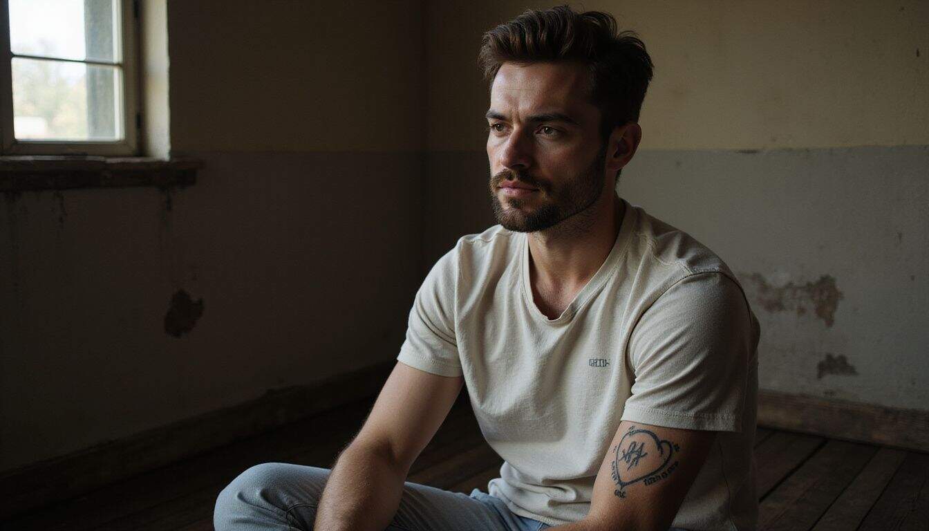 A contemplative man in his 30s with a heart tattoo on his forearm. A contemplative man in his 30s with a heart tattoo on his forearm.