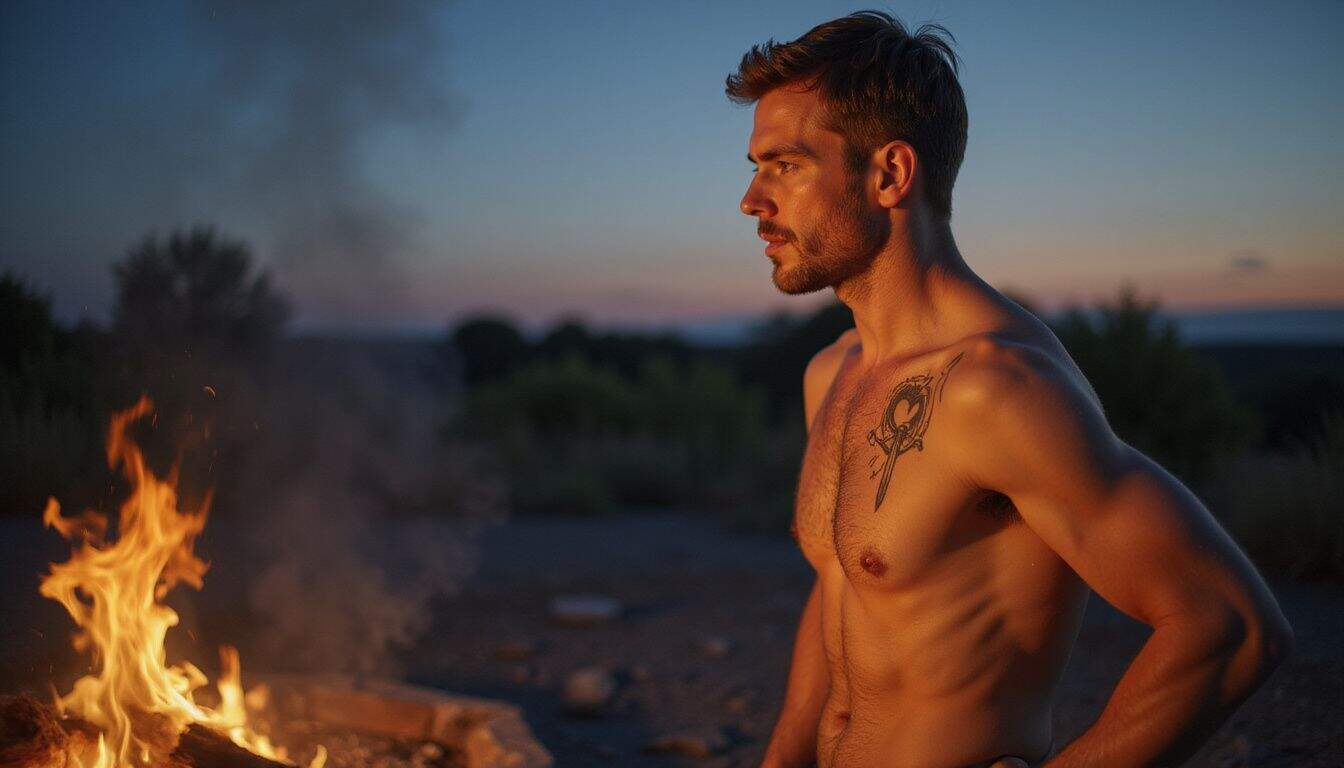 A man in his mid-30s stands by a campfire, with a tattooed heart and sword on his forearm. A man in his mid-30s stands by a campfire, with a tattooed heart and sword on his forearm.