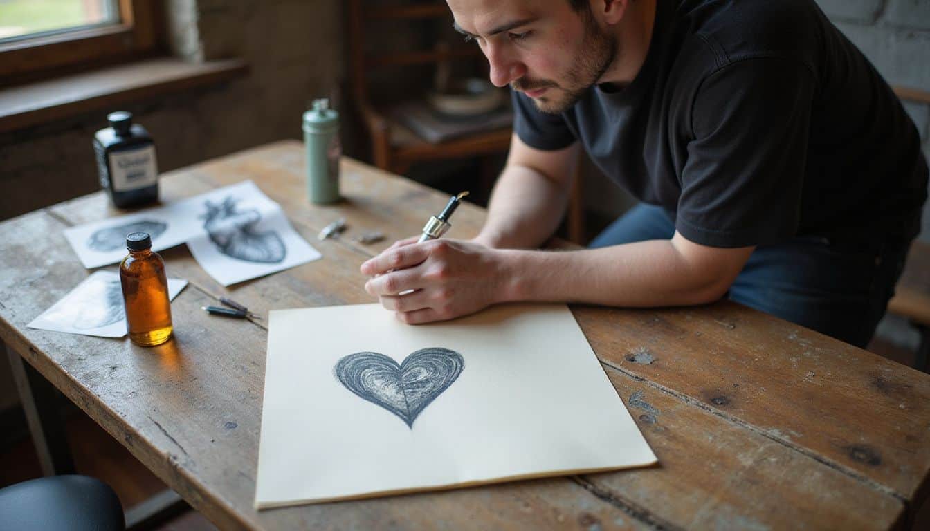 A close-up of a heart-shaped tattoo design, ink bottles, needles, and a tattoo artist. A close-up of a heart-shaped tattoo design, ink bottles, needles, and a tattoo artist.