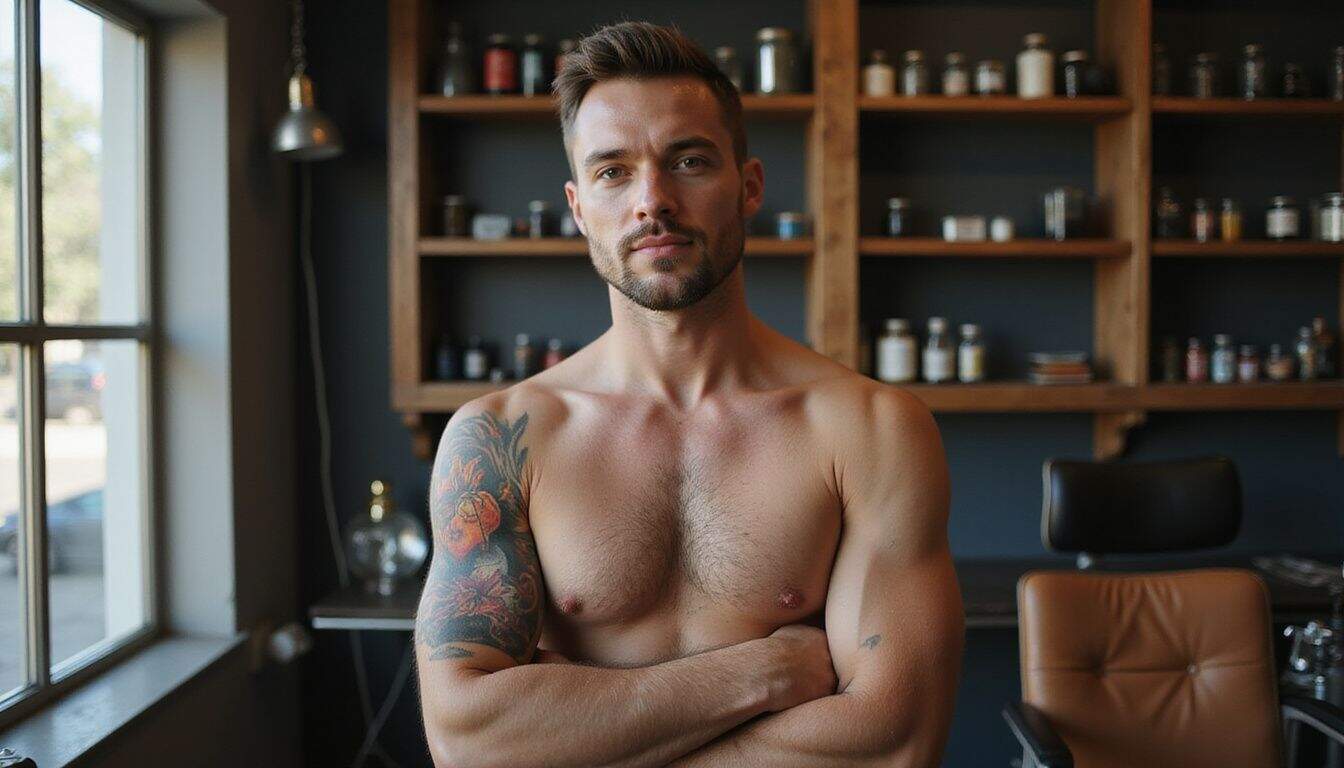 A confident man with a traditional heart tattoo stands in a cozy tattoo studio. A confident man with a traditional heart tattoo stands in a cozy tattoo studio.