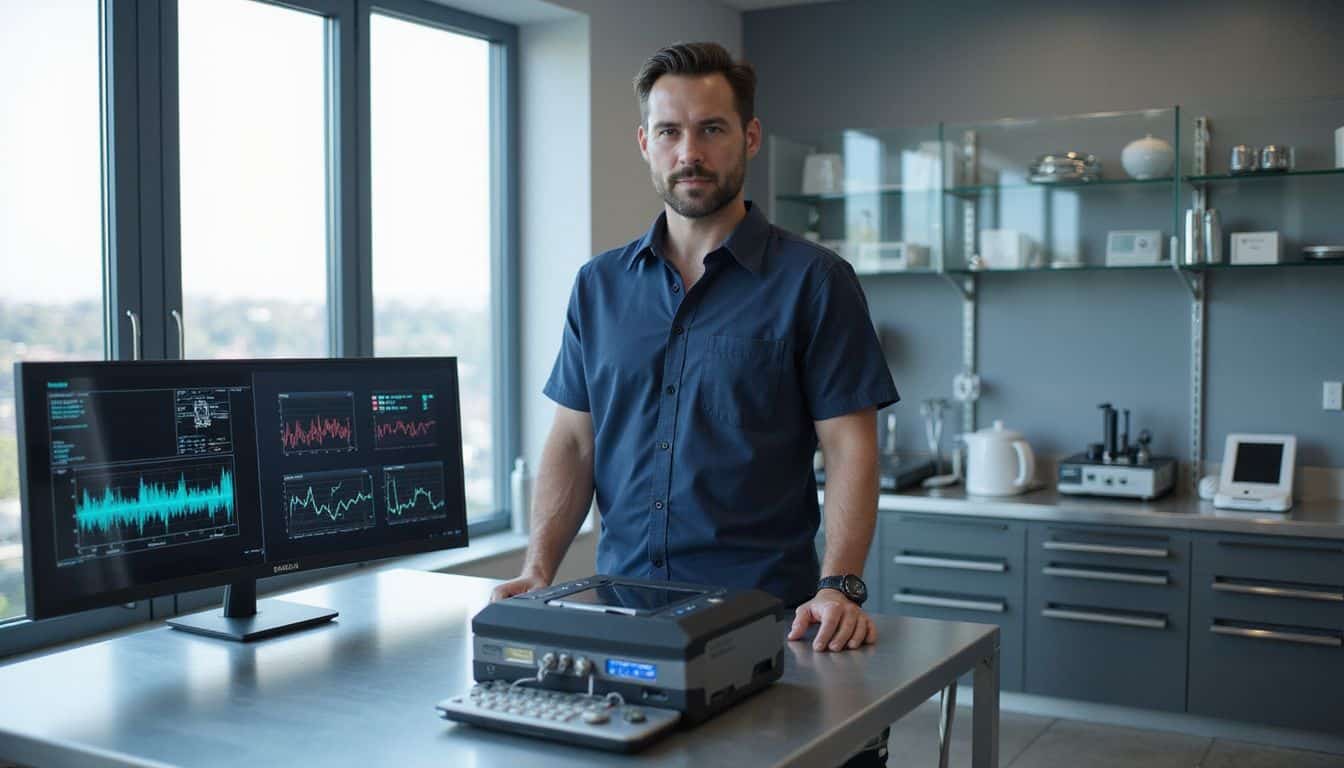 An AI-powered diagnostic tool for men's health is showcased in a modern medical laboratory alongside advanced health data displays. An AI-powered diagnostic tool for men's health is showcased in a modern medical laboratory alongside advanced health data displays.