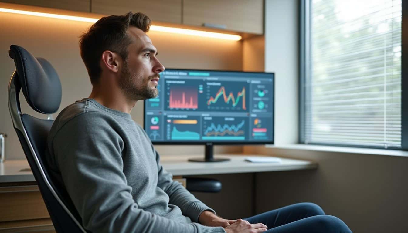 A man in a modern medical office reviews AI-generated health metrics for erectile dysfunction on a widescreen monitor. A man in a modern medical office reviews AI-generated health metrics for erectile dysfunction on a widescreen monitor.