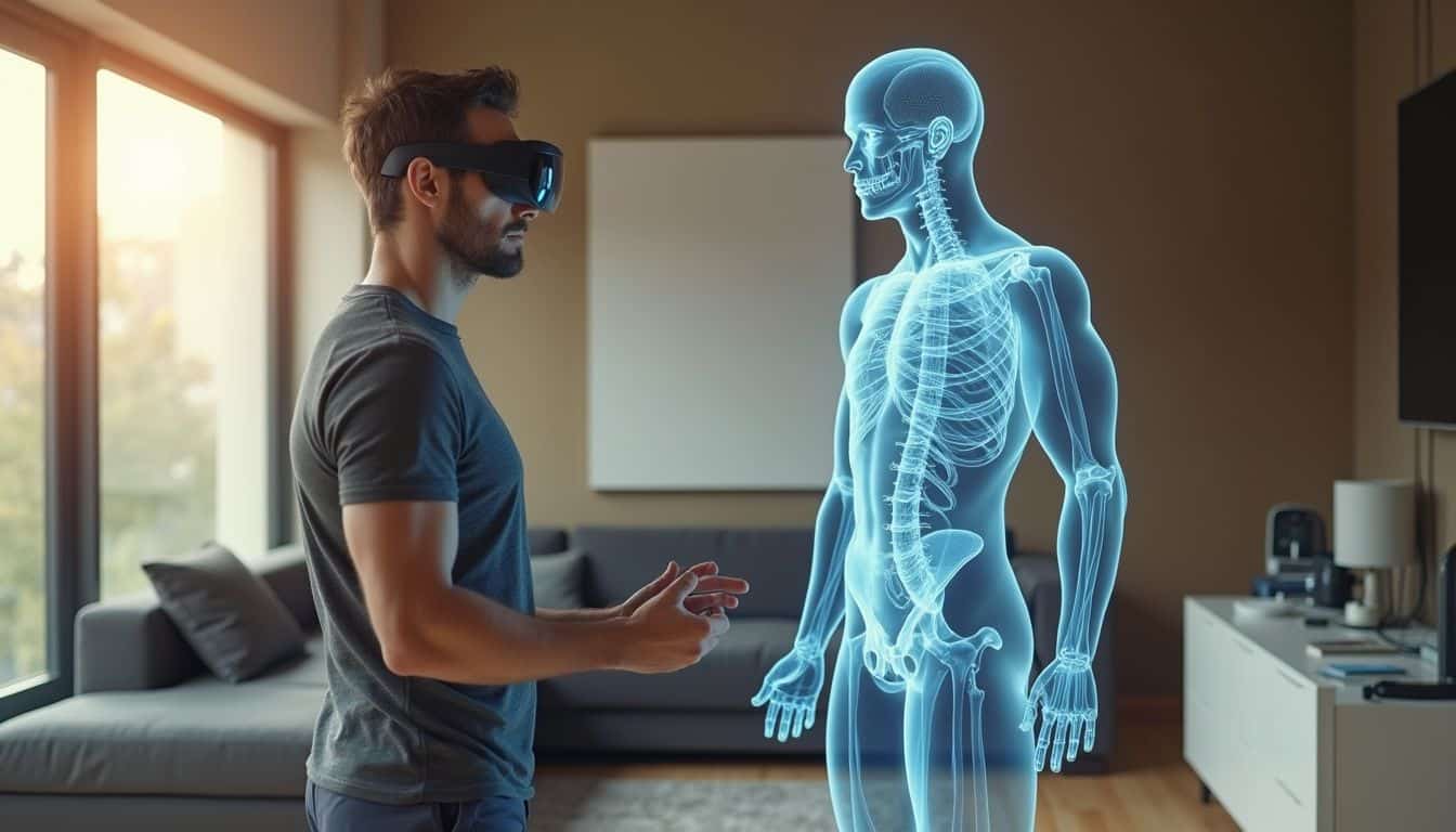 A man in a modern living room interacts with a lifelike hologram of his own body using augmented reality glasses.