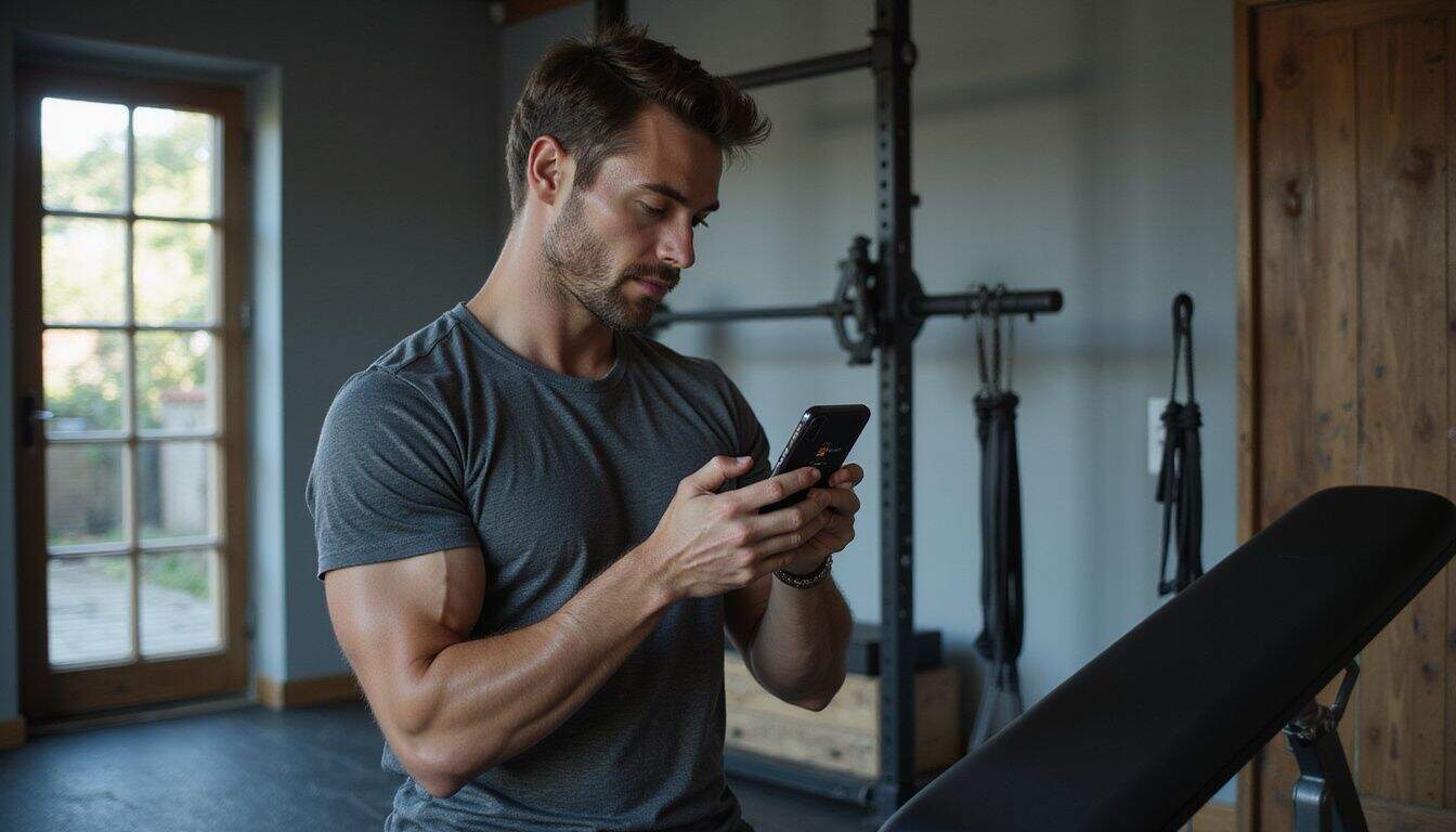 A focused man in a fitted gray t-shirt scrolls through a fitness app in a well-equipped home gym. A focused man in a fitted gray t-shirt scrolls through a fitness app in a well-equipped home gym.