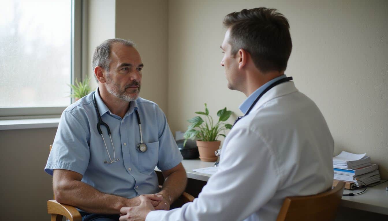 A concerned man discusses ethical and practical challenges of AI in men's medicine with a focused doctor in a clinical setting. A concerned man discusses ethical and practical challenges of AI in men's medicine with a focused doctor in a clinical setting.