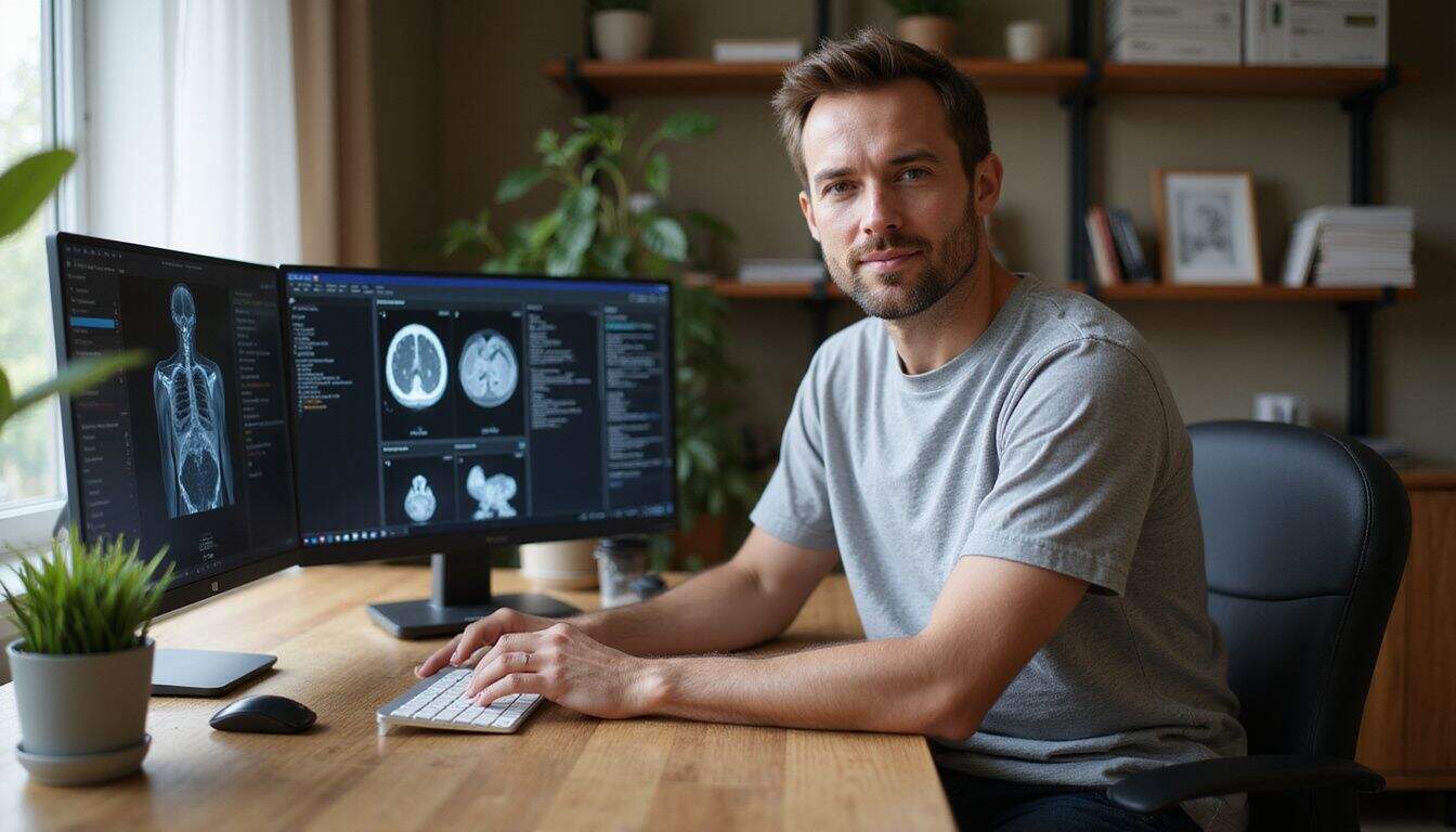 A middle-aged man engages with multiple computer monitors in a cozy home office filled with books and plants. A middle-aged man engages with multiple computer monitors in a cozy home office filled with books and plants.