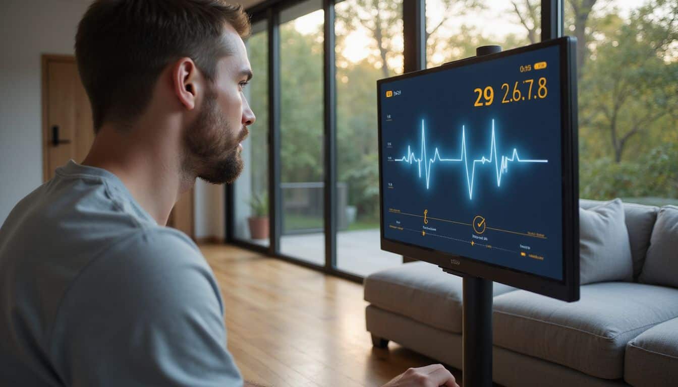 A person attentively observes a digital health monitor displaying vital signs in a contemporary living room. A person attentively observes a digital health monitor displaying vital signs in a contemporary living room.