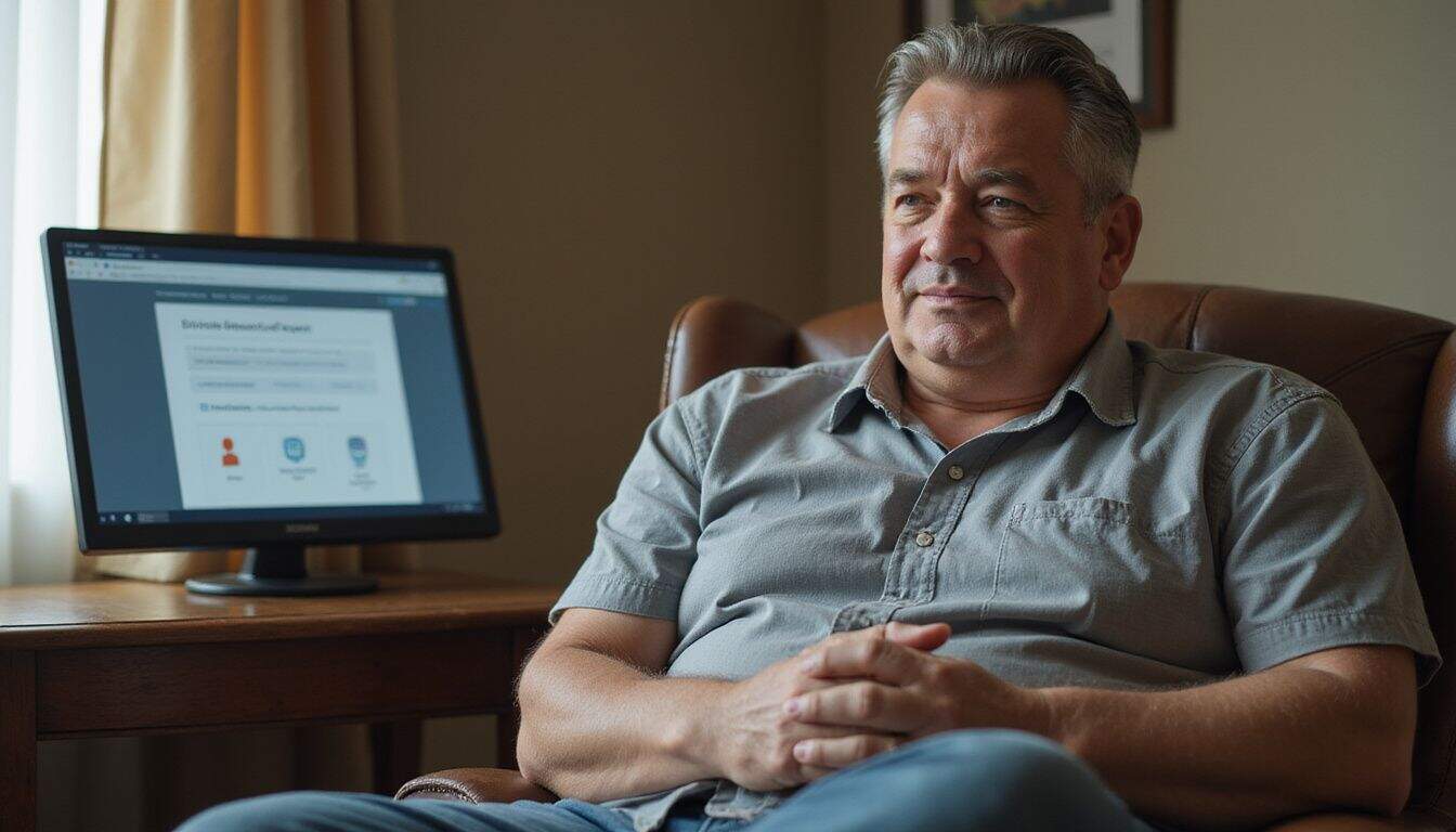 A middle-aged man engages in a focused health consultation about erectile dysfunction management on a modern digital interface. A middle-aged man engages in a focused health consultation about erectile dysfunction management on a modern digital interface.
