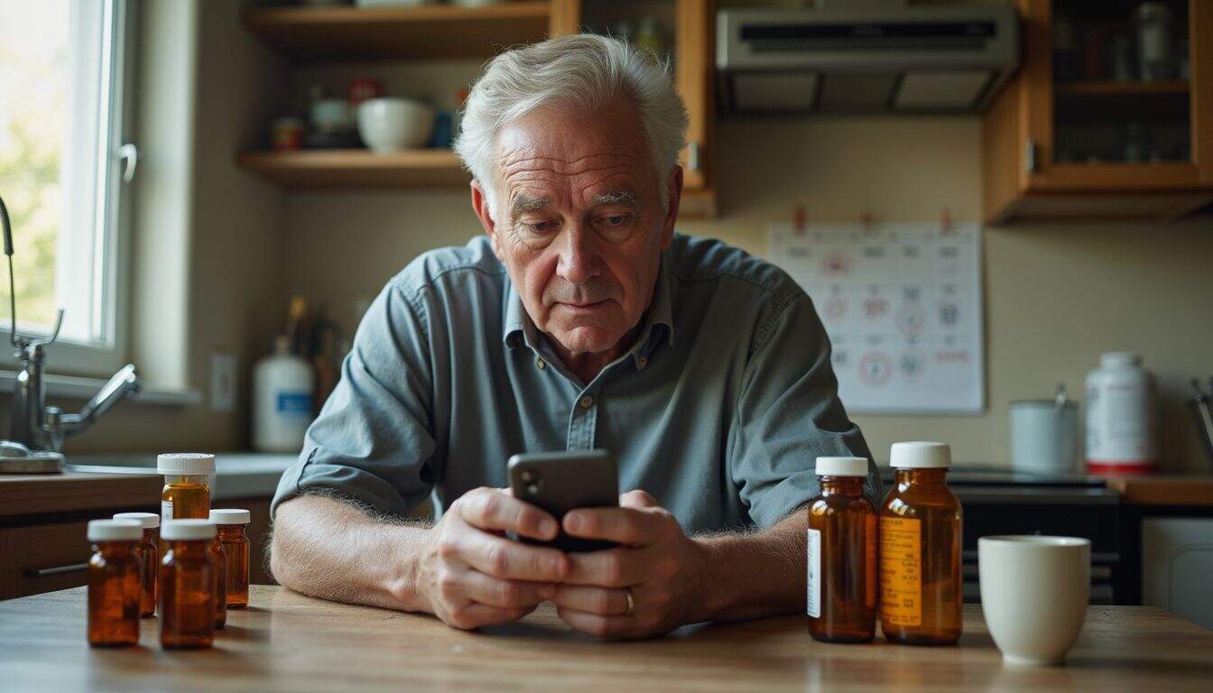 A middle-aged man focuses on a medication management app at a worn kitchen table surrounded by pill bottles and reminders. A middle-aged man focuses on a medication management app at a worn kitchen table surrounded by pill bottles and reminders.