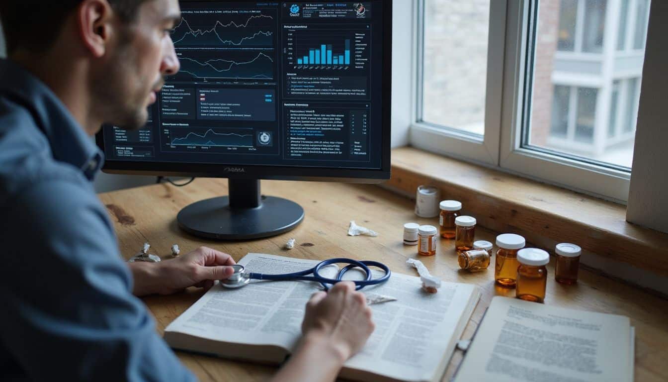 A cluttered desk features a computer displaying medical data, prescription bottles, a stethoscope, and an open treatment plans book. A cluttered desk features a computer displaying medical data, prescription bottles, a stethoscope, and an open treatment plans book.